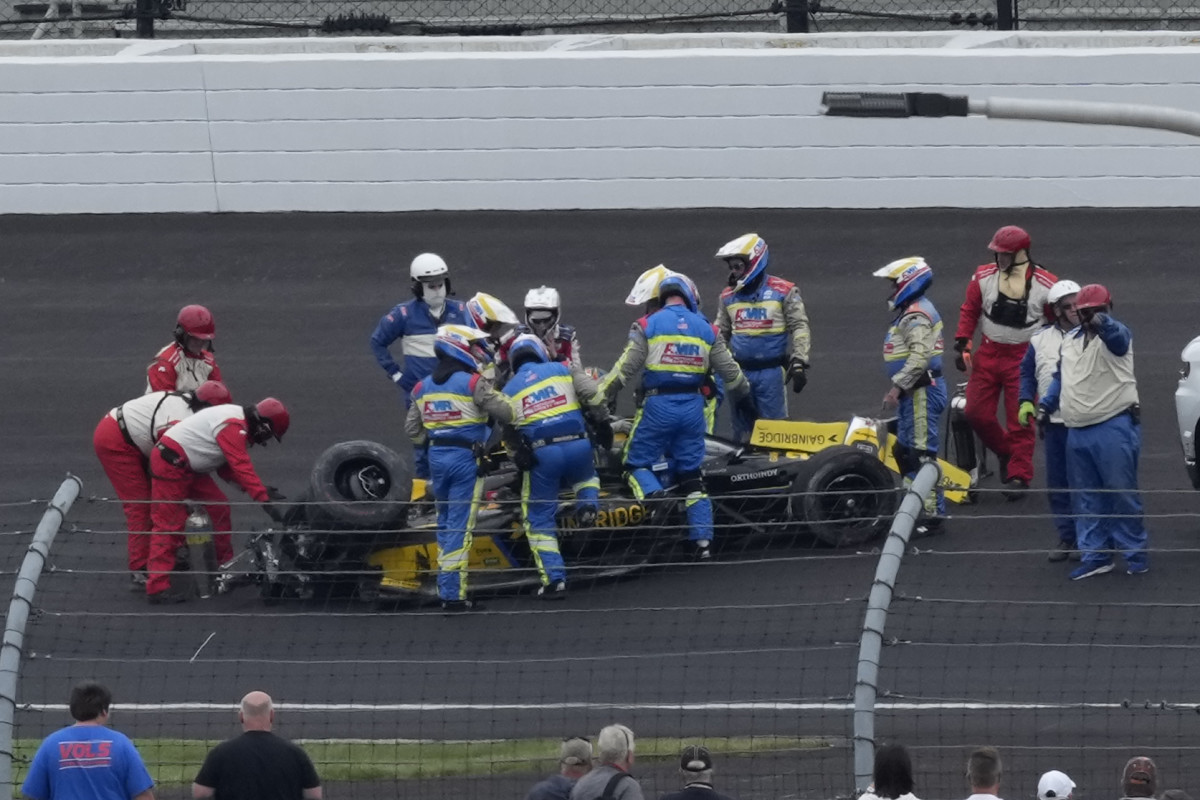 Colton Herta's car flips over during Indy 500 practice.