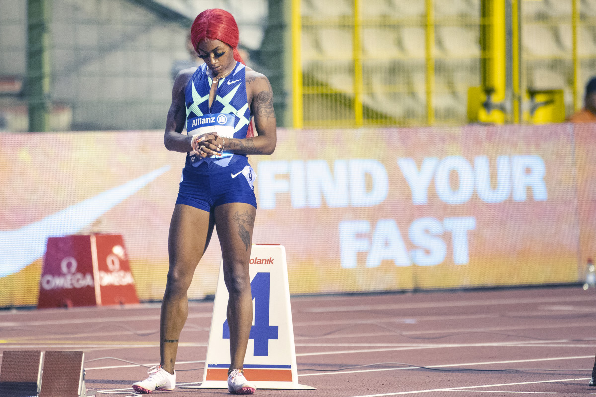 BRUSSELS, BELGIUM:  September 3:   Sha'Carri Richardson of the United States warming up before the 200m for women race during the Wanda Diamond League 2021 Memorial Van Damme Athletics competition at King Baudouin Stadium on September 3, 2021 in  Brussels, Belgium. (Photo by Tim Clayton/Corbis via Getty Images)