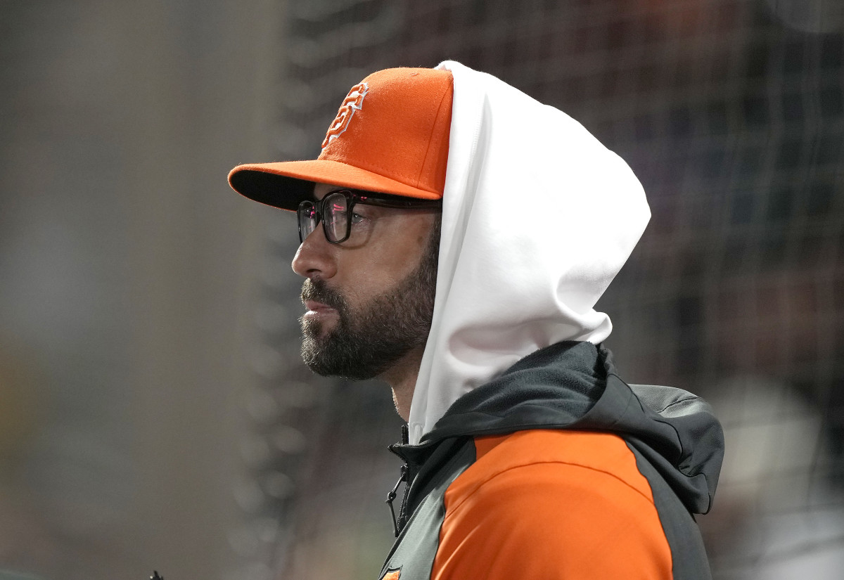 SAN FRANCISCO, CALIFORNIA - MAY 10: Manager Gabe Kapler #19 of the San Francisco Giants looks on from the dugout against the Colorado Rockies in the top of the seventh inning at Oracle Park on May 10, 2022 in San Francisco, California. (Photo by Thearon W. Henderson/Getty Images)