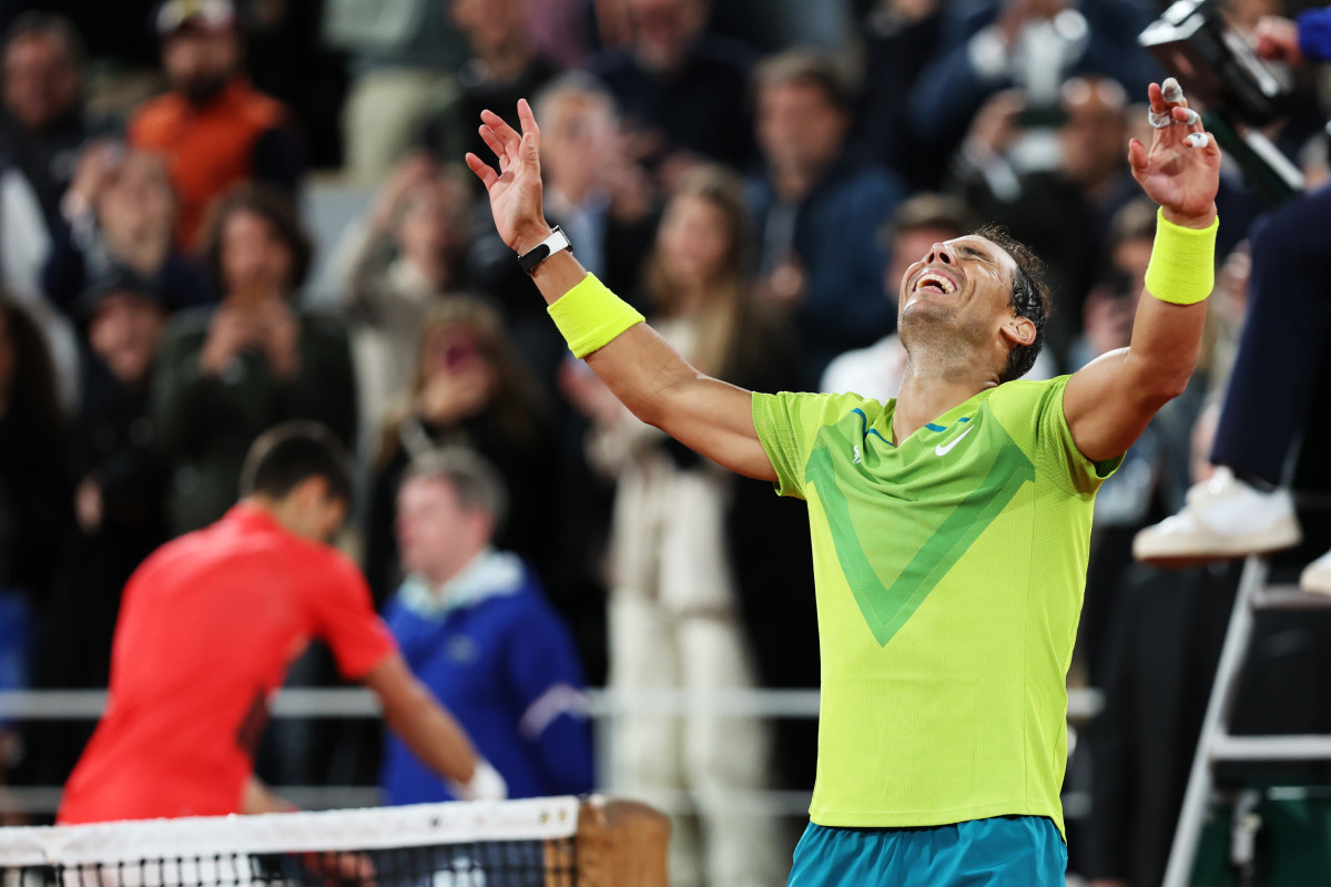 PARIS, FRANCE - MAY 31: Rafael Nadal of Spain celebrates victory against Novak Djokovic of Serbia during the Men's Singles Quarter Final match on Day 10 of The 2022 French Open at Roland Garros on May 31, 2022 in Paris, France. (Photo by Clive Brunskill/Getty Images)