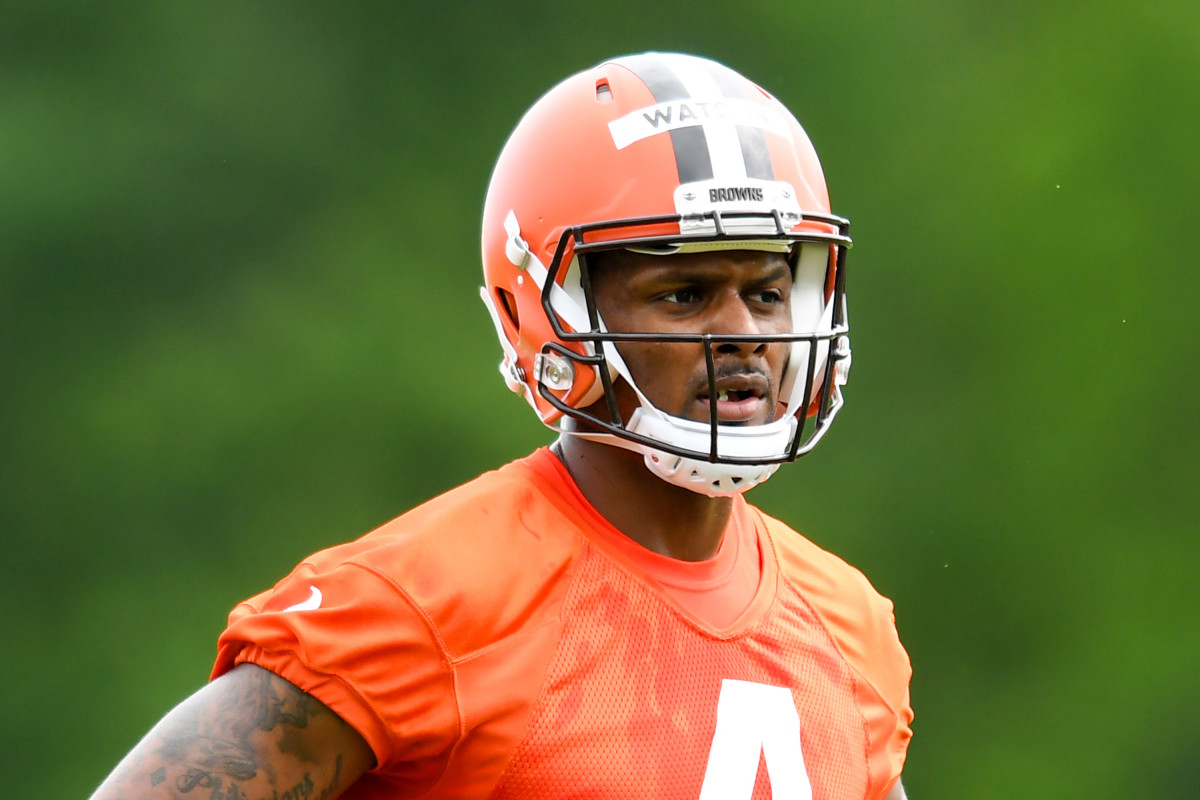 Browns quarterback Deshaun Watson on the field at practice on Wednesday.