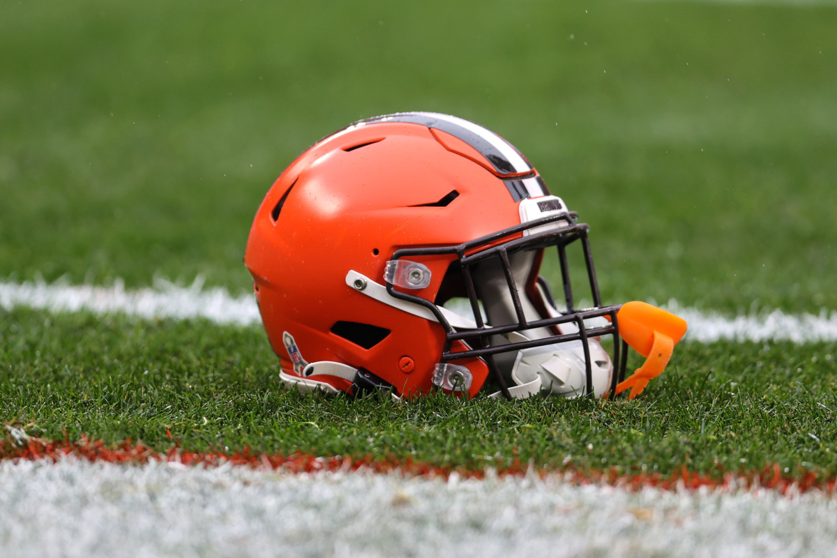 CLEVELAND, OH - NOVEMBER 21: A Cleveland Browns helmet on the field prior to the National Football League game between the Detroit Lions and Cleveland Browns on November 21, 2021, at FirstEnergy Stadium in Cleveland, OH.  (Photo by Frank Jansky/Icon Sportswire via Getty Images)
