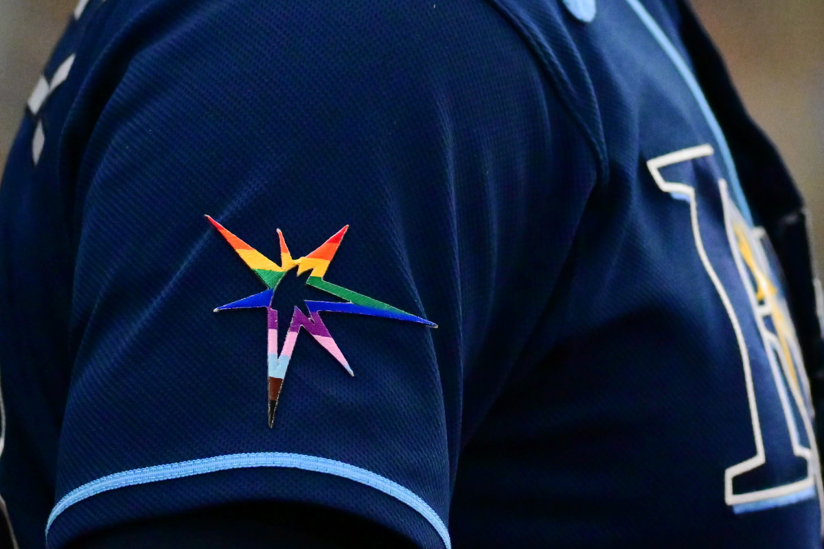 Tampa Bay Rays pride logo on the uniform of a player.