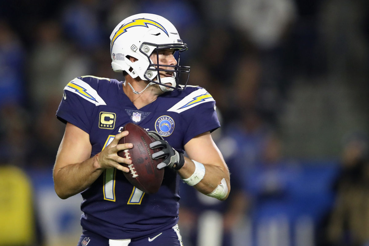 Los Angeles Chargers QB Philip Rivers dropping back for a pass.