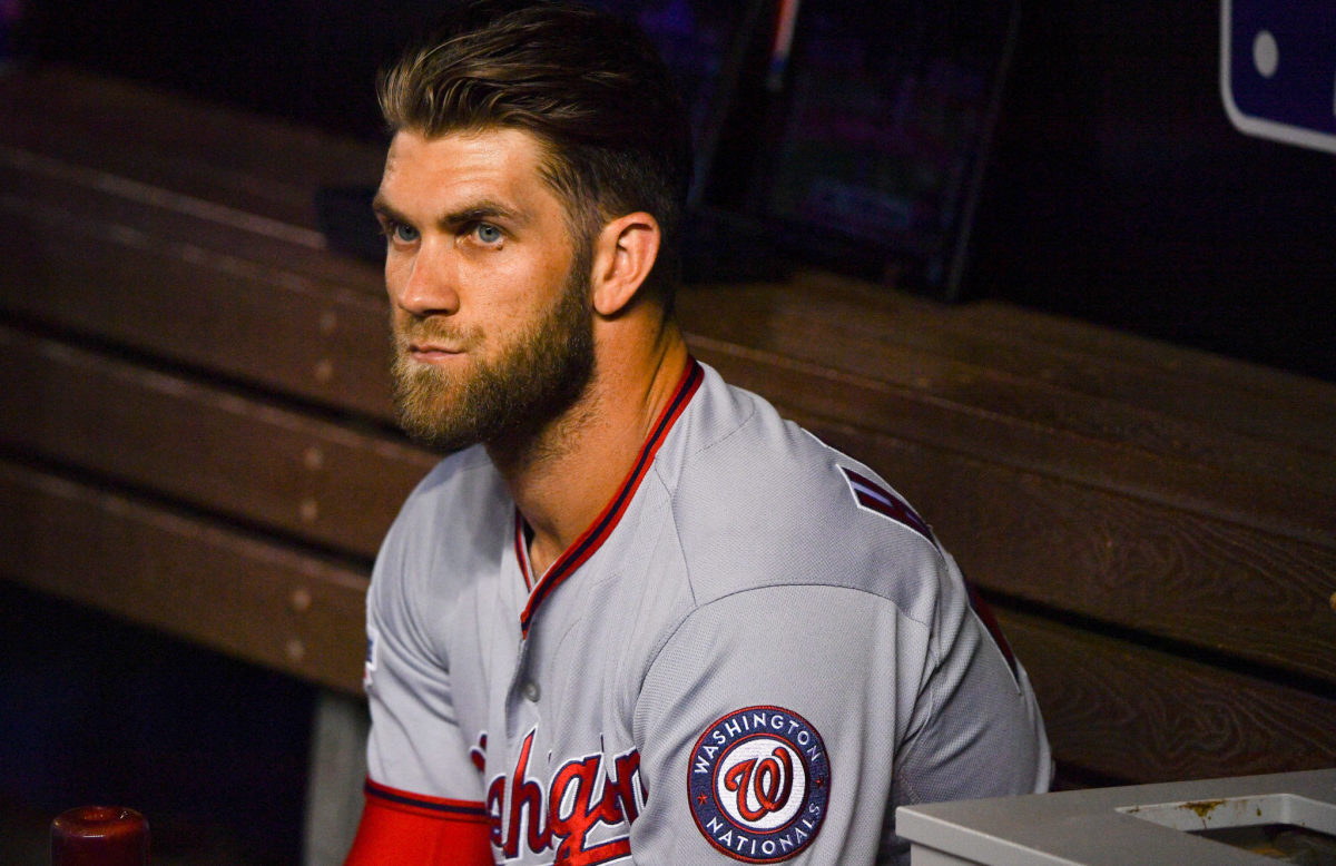Bryce Harper in the dugout during a Nationals game.