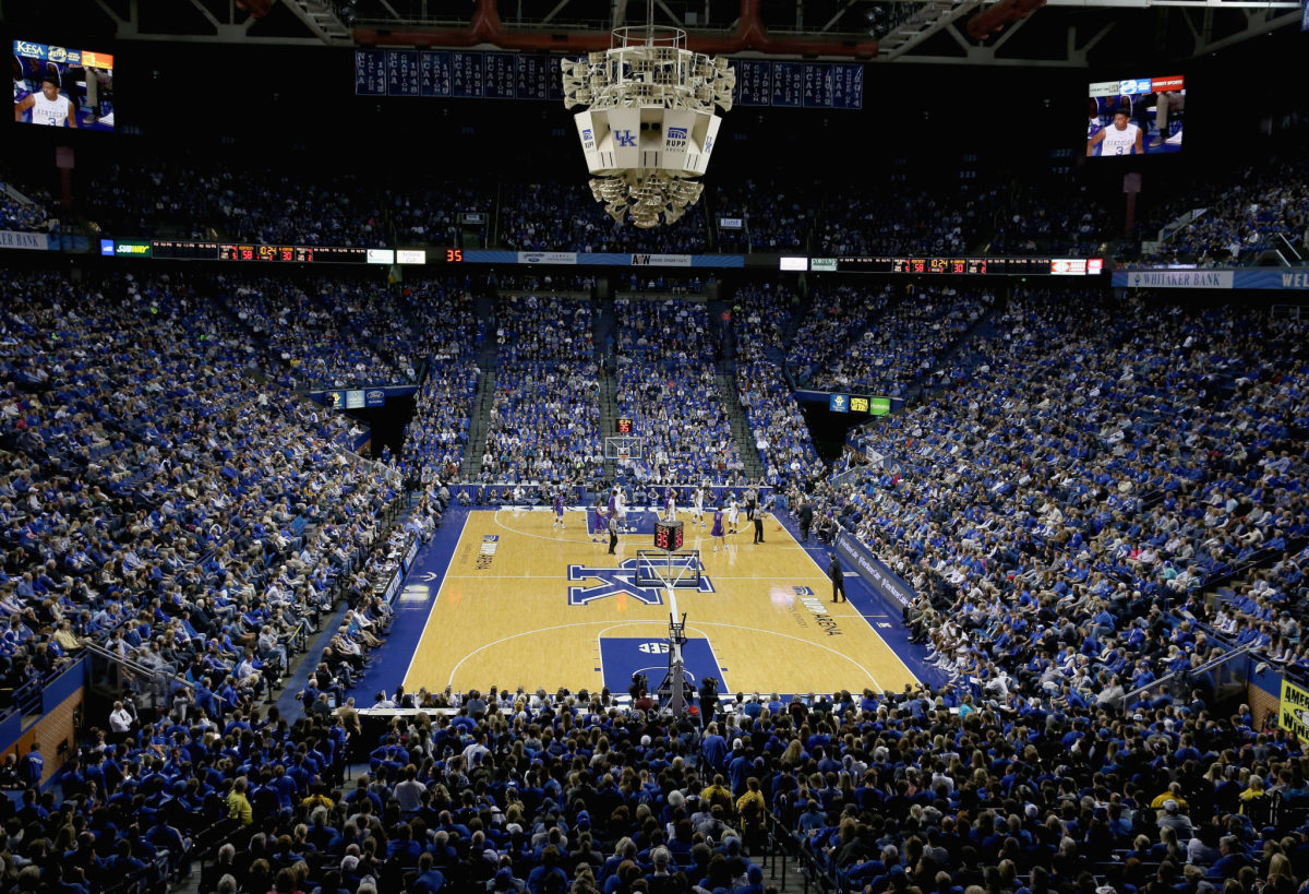 A behind-the-basket shot of Rupp Arena during a game.