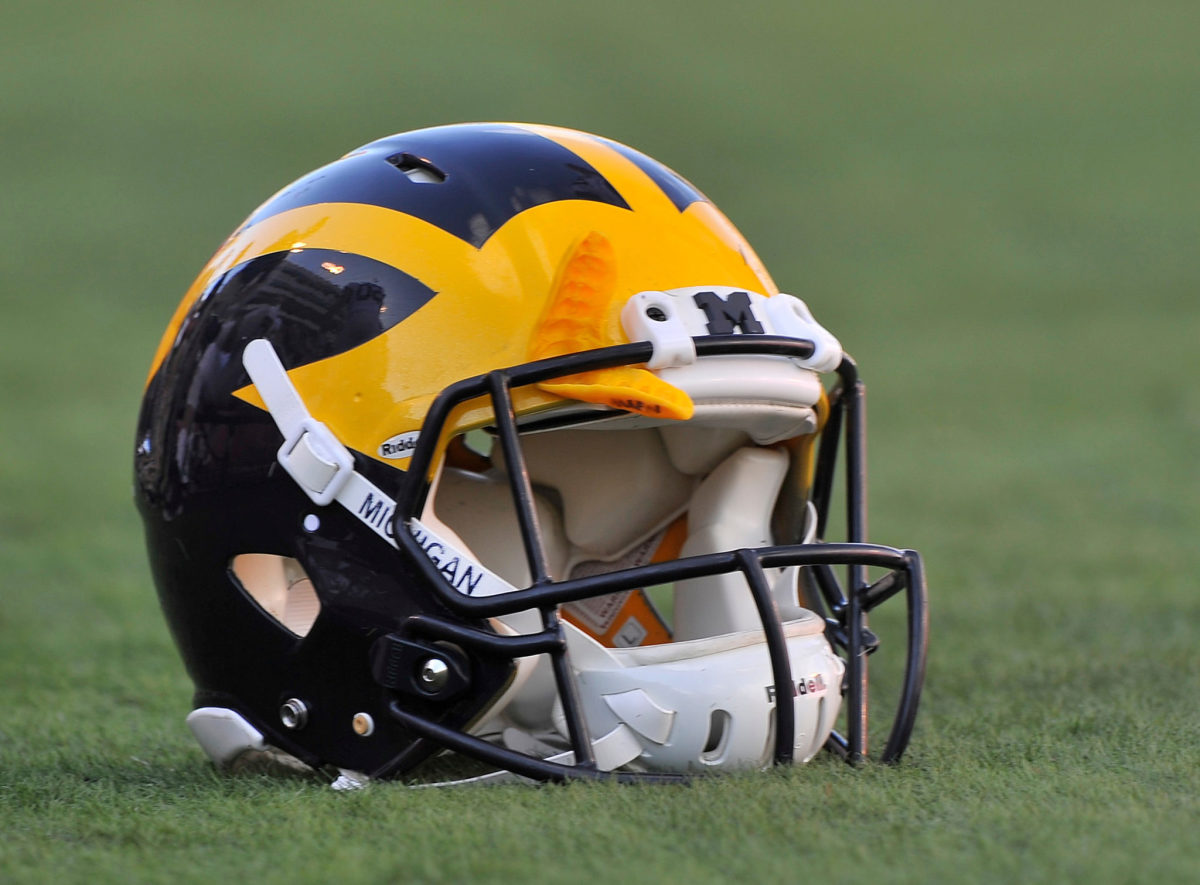 View of a Michigan Wolverines football helmet before their game against the Utah Utes.
