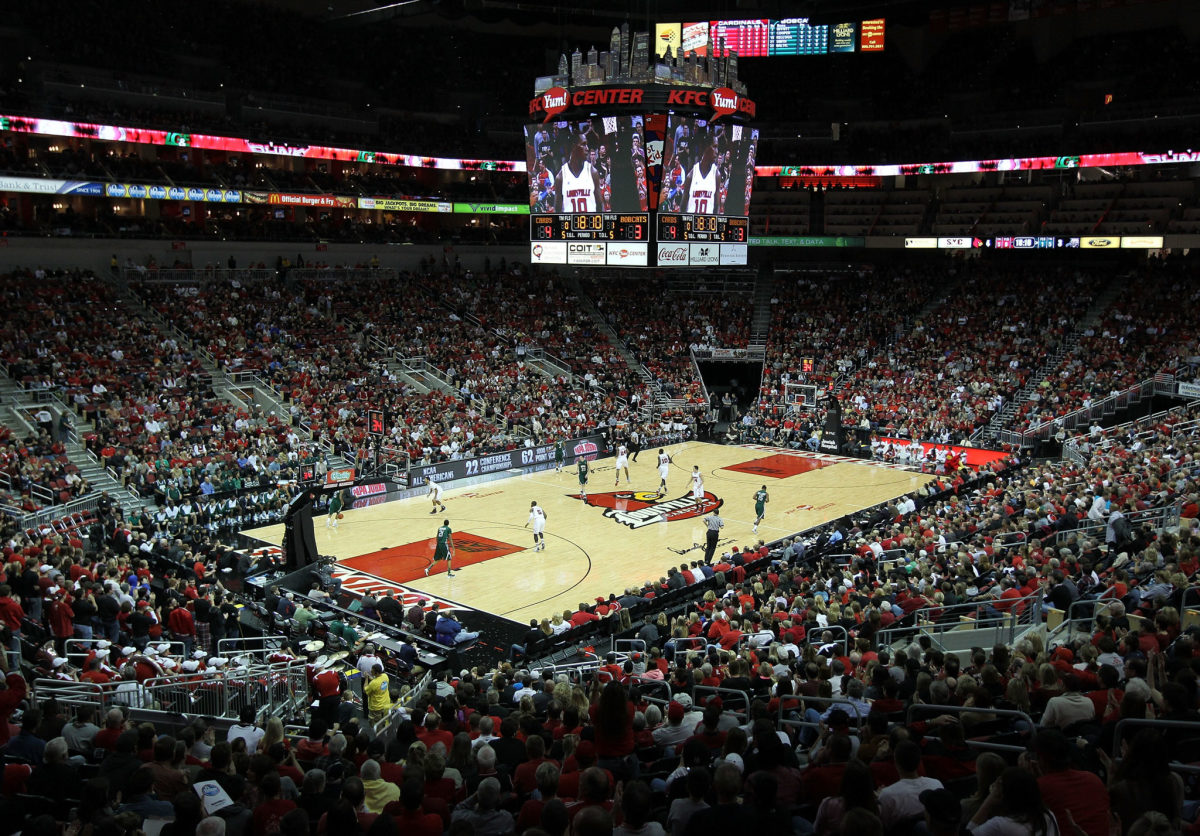Louisville's basketball court during a game.