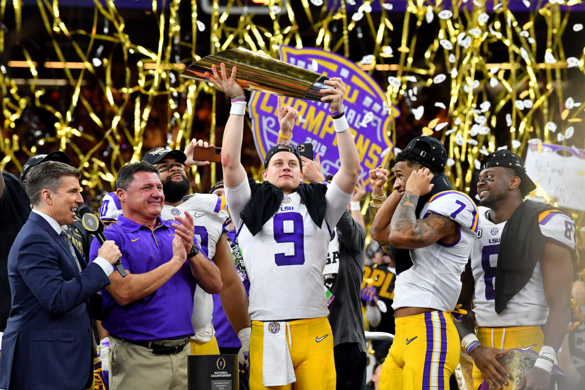 Joe Burrow, the No. 1 pick in the 2020 NFL Draft and LSU football celebrates winning the college football playoff national title.