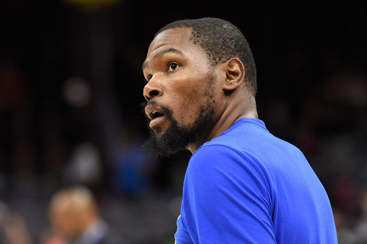 A closeup of Kevin Durant during warmups.