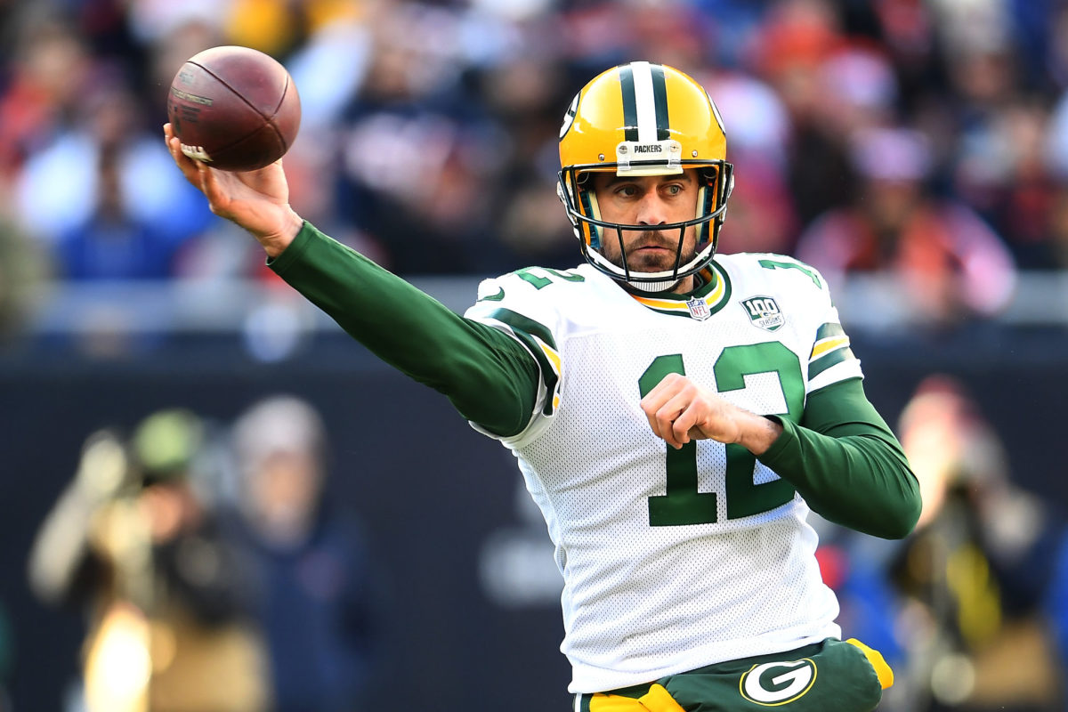 Green Bay Packers QB Aaron Rodgers throwing a pass against the Bears in Chicago.