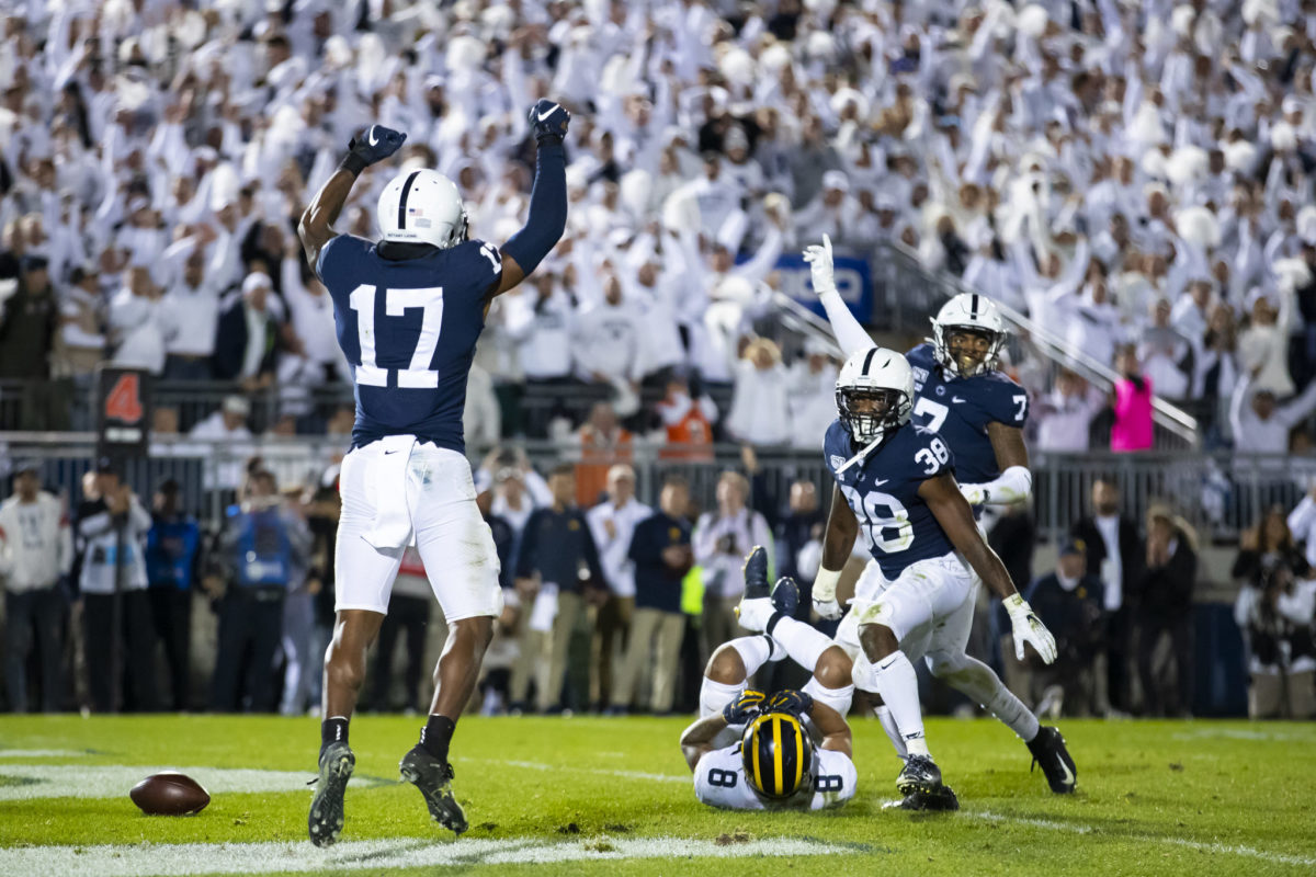 Michigan wide receiver Ronnie Bell drops a pass against Penn State.
