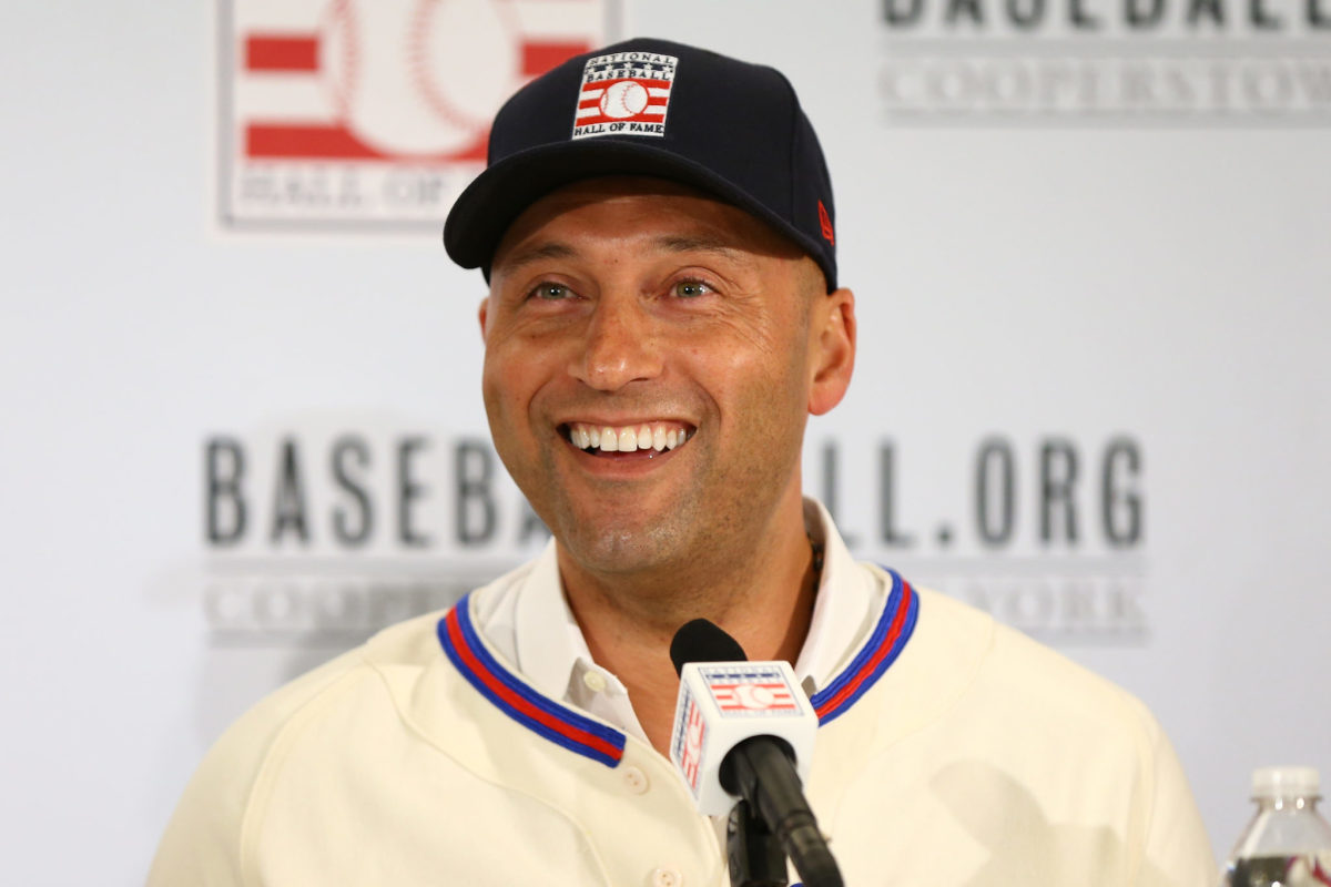 Derek Jeter speaks to the media after being elected into the Hall of Fame.