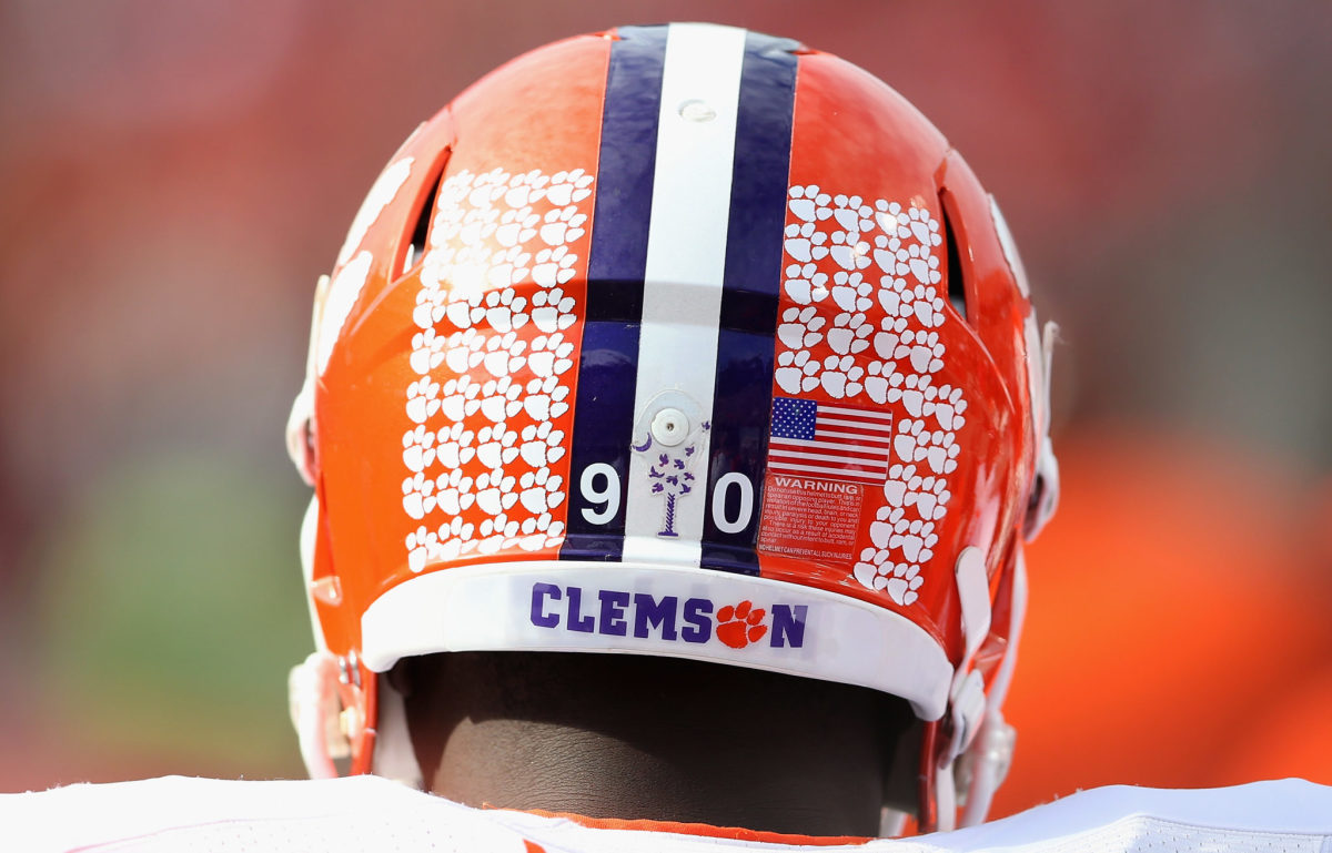 The back of a Clemson player's helmet.