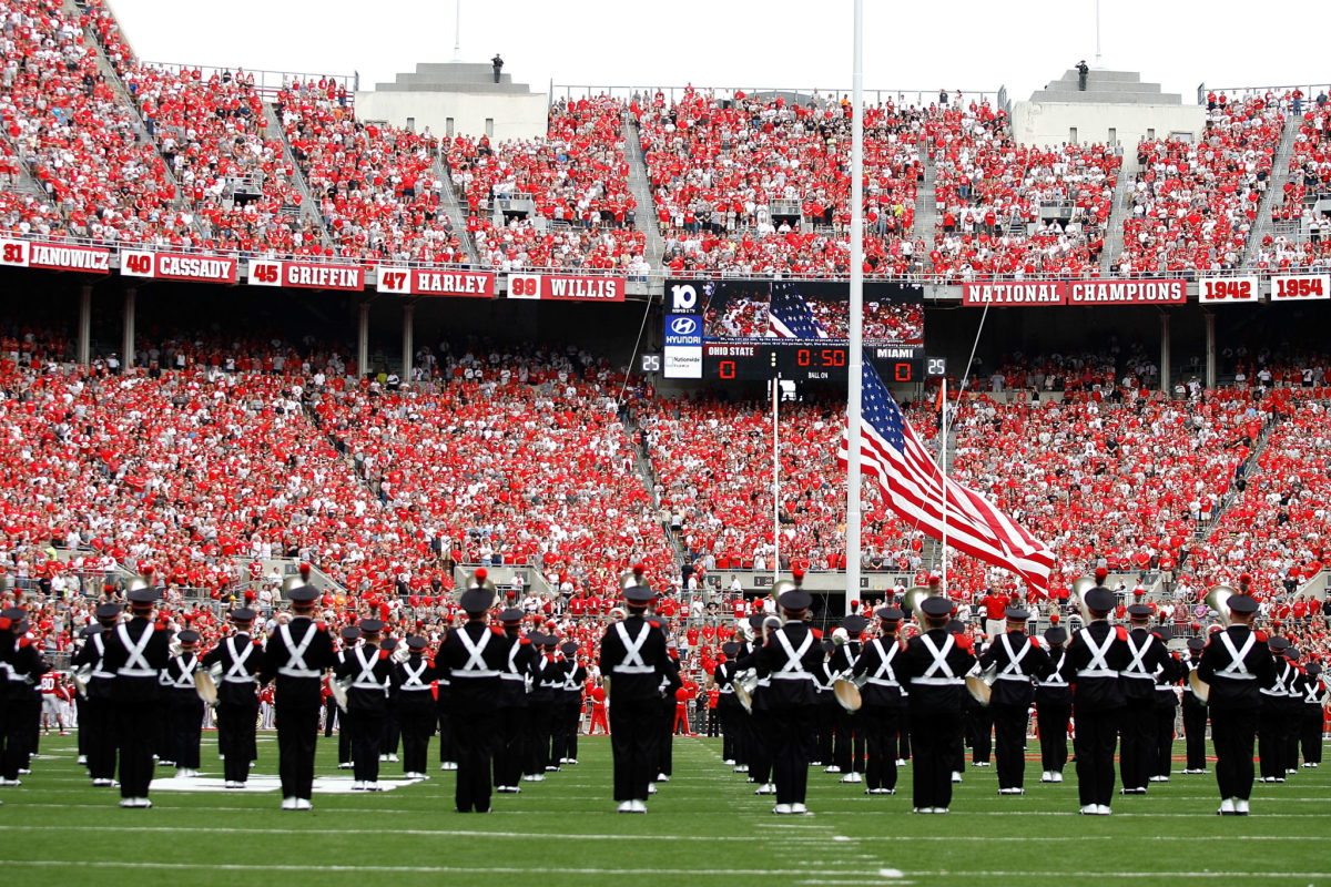 The Ohio State Marching Band plays ahead of a Buckeyes football game against Miami (OH).
