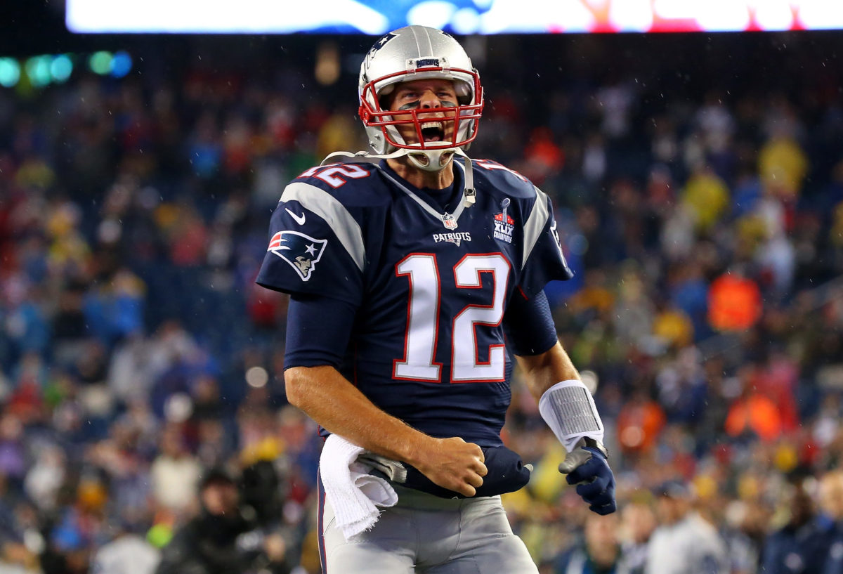 Tom Brady celebrating during the Super Bowl.
