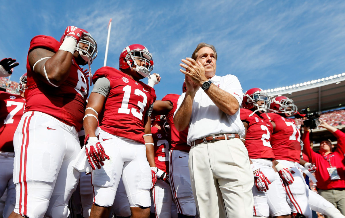 Head coach Nick Saban of the Alabama Crimson Tide prepares to enter the field with his team prior to facing the Tennessee Volunteers at Bryant-Denny Stadium.