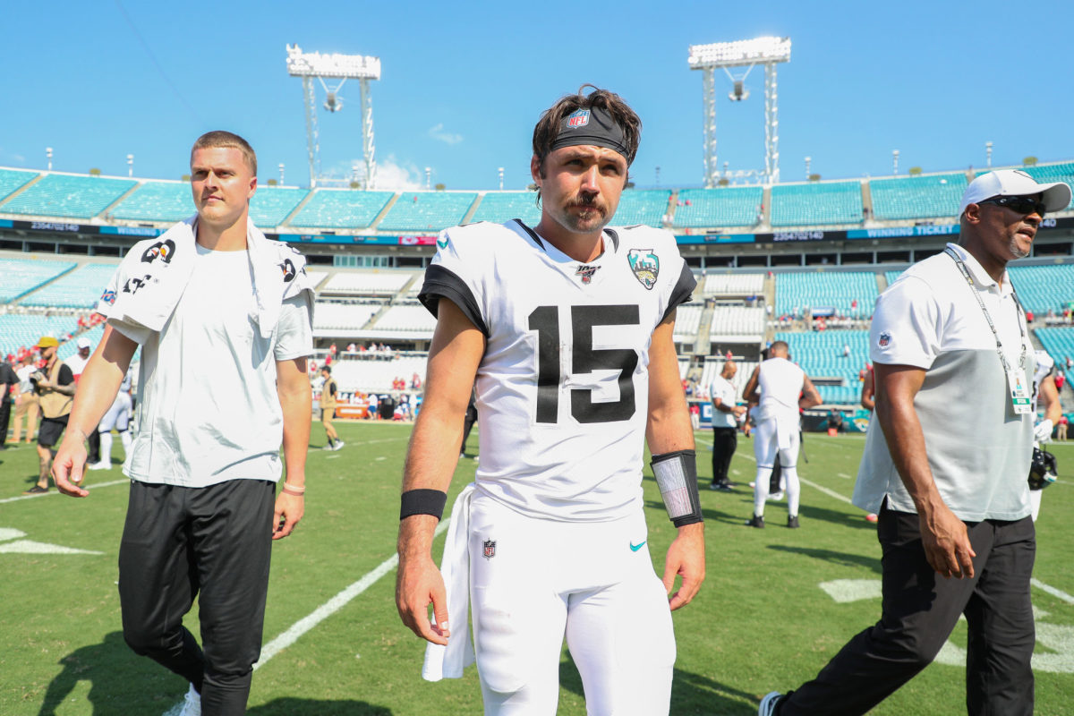 Jacksonville Jaguars quarterback Gardner Minshew walks off the field.