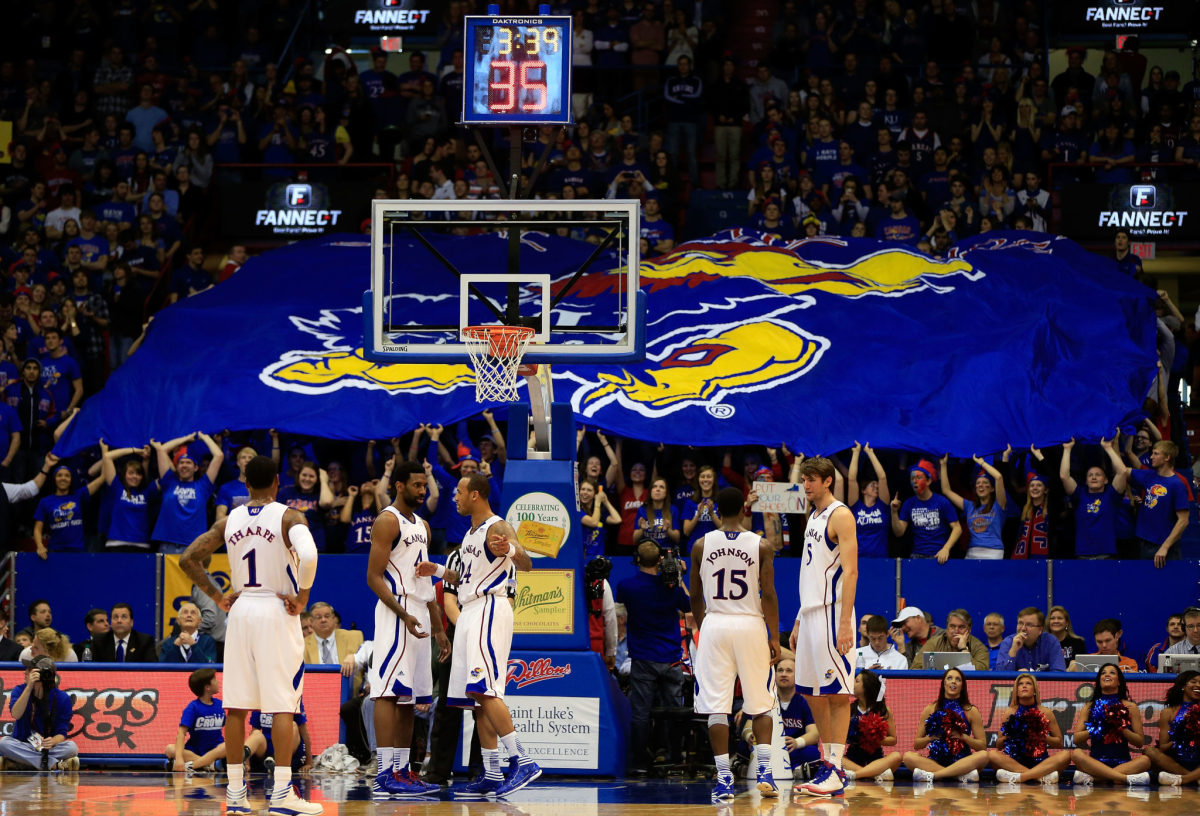 Kansas Jayhawks players during a home game.