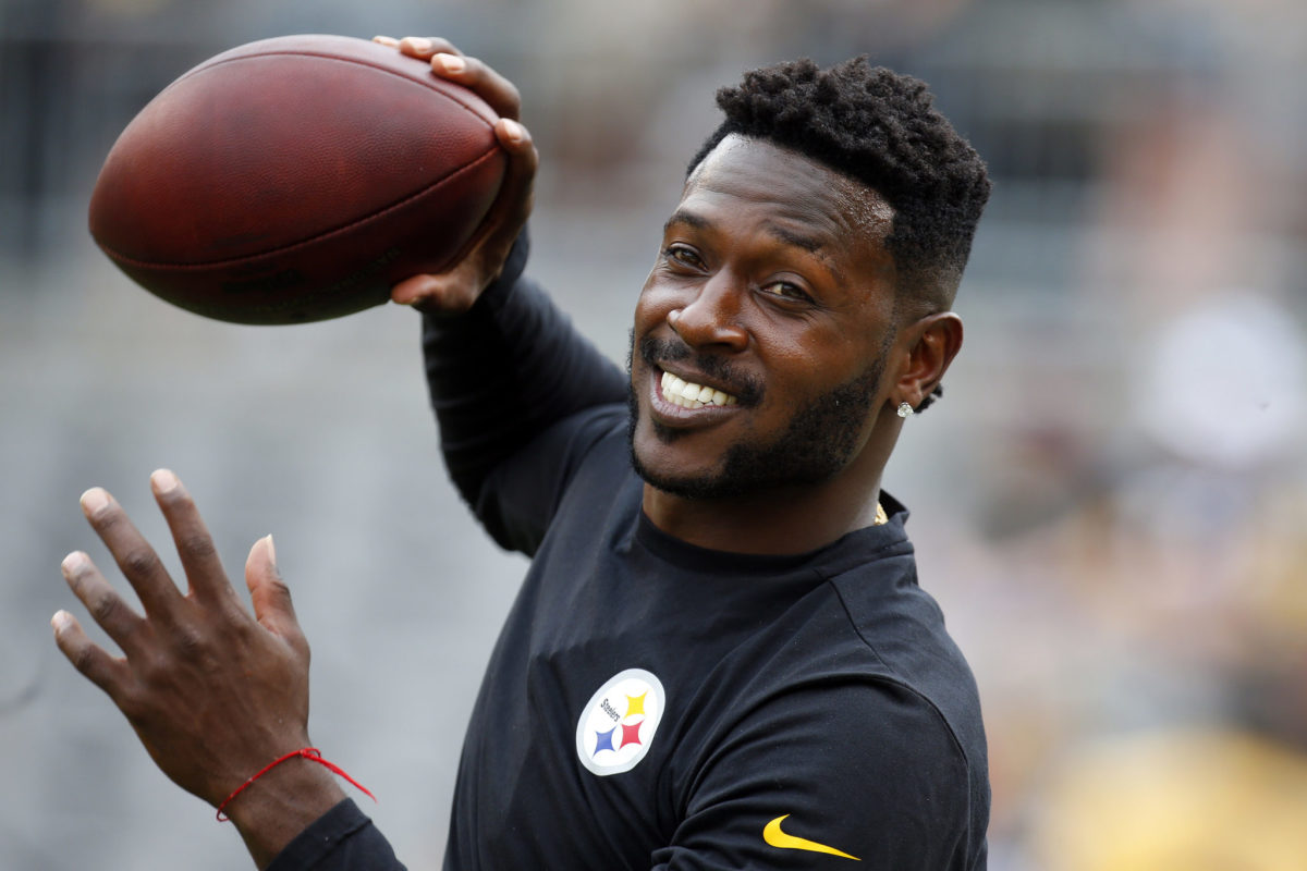 A closeup of Antonio Brown warming up before a game.
