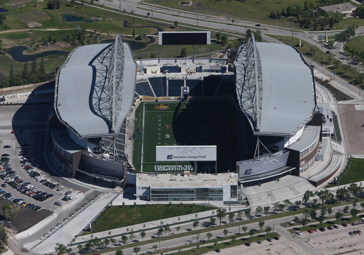 An overhead shot of IG Field in Winnipeg.