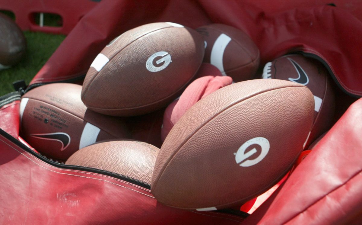 A picture of footballs with Georgia's logo on them.