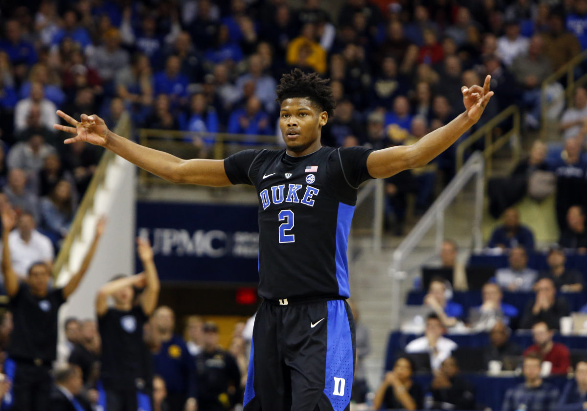 Cam Reddish of the Duke Blue Devils reacts to his three-point shot.