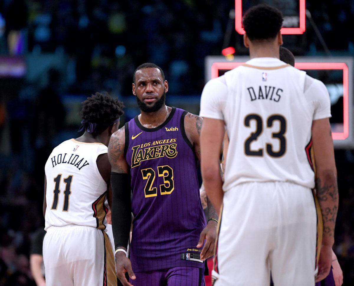 lebron james looks at anthony davis during a lakers game