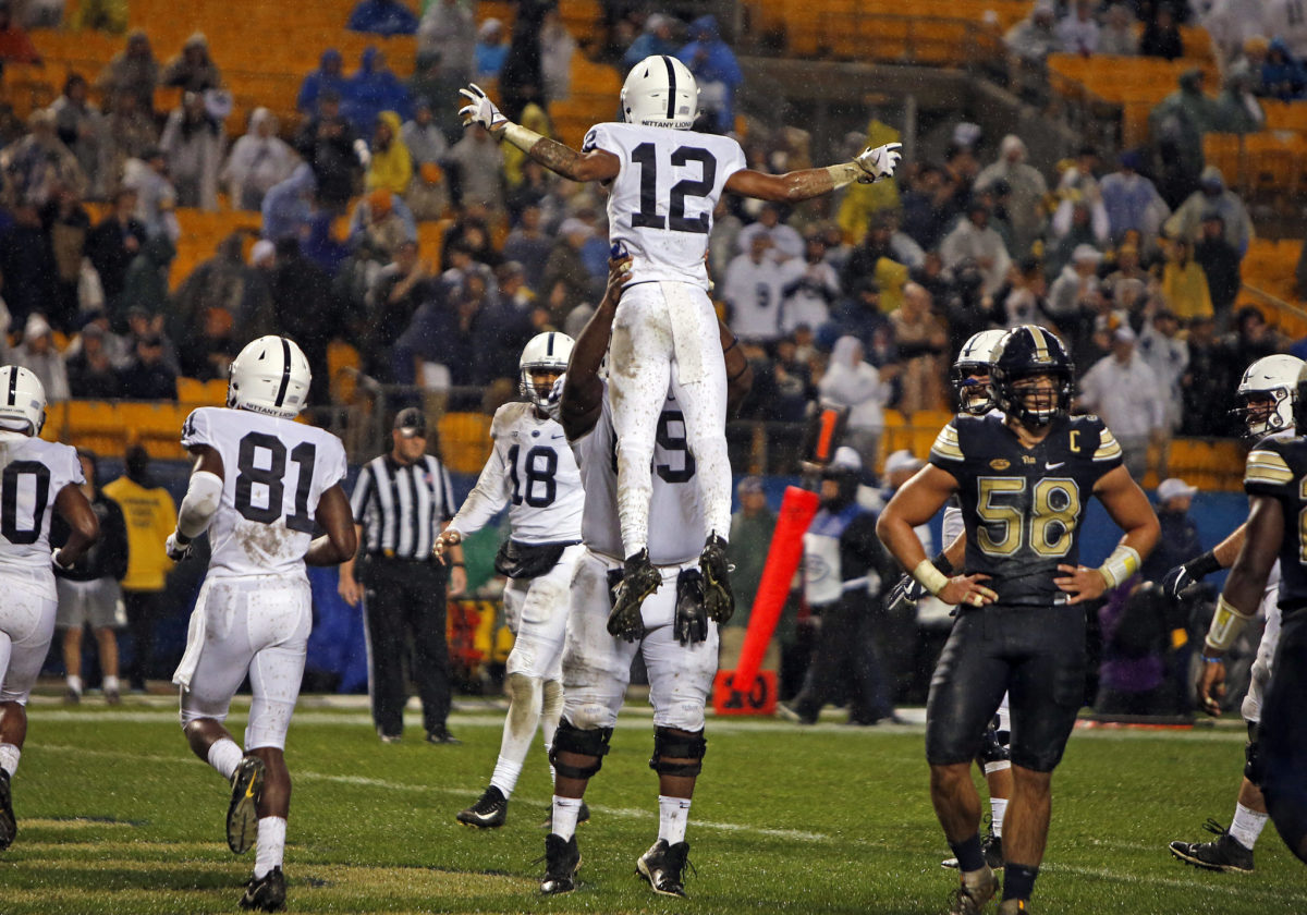Penn State wide receiver Mac Hippenhammer celebrates a big play.