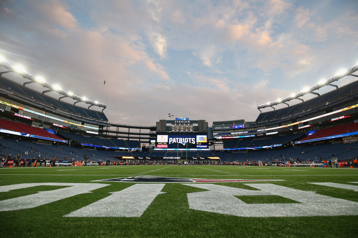 A field level view of Gillette Stadium prior to a Patriots game.