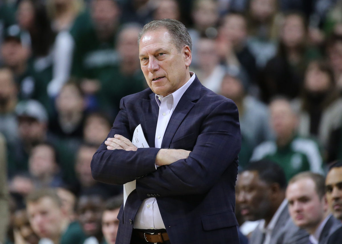tom izzo looks onto the court during a game in east lansing