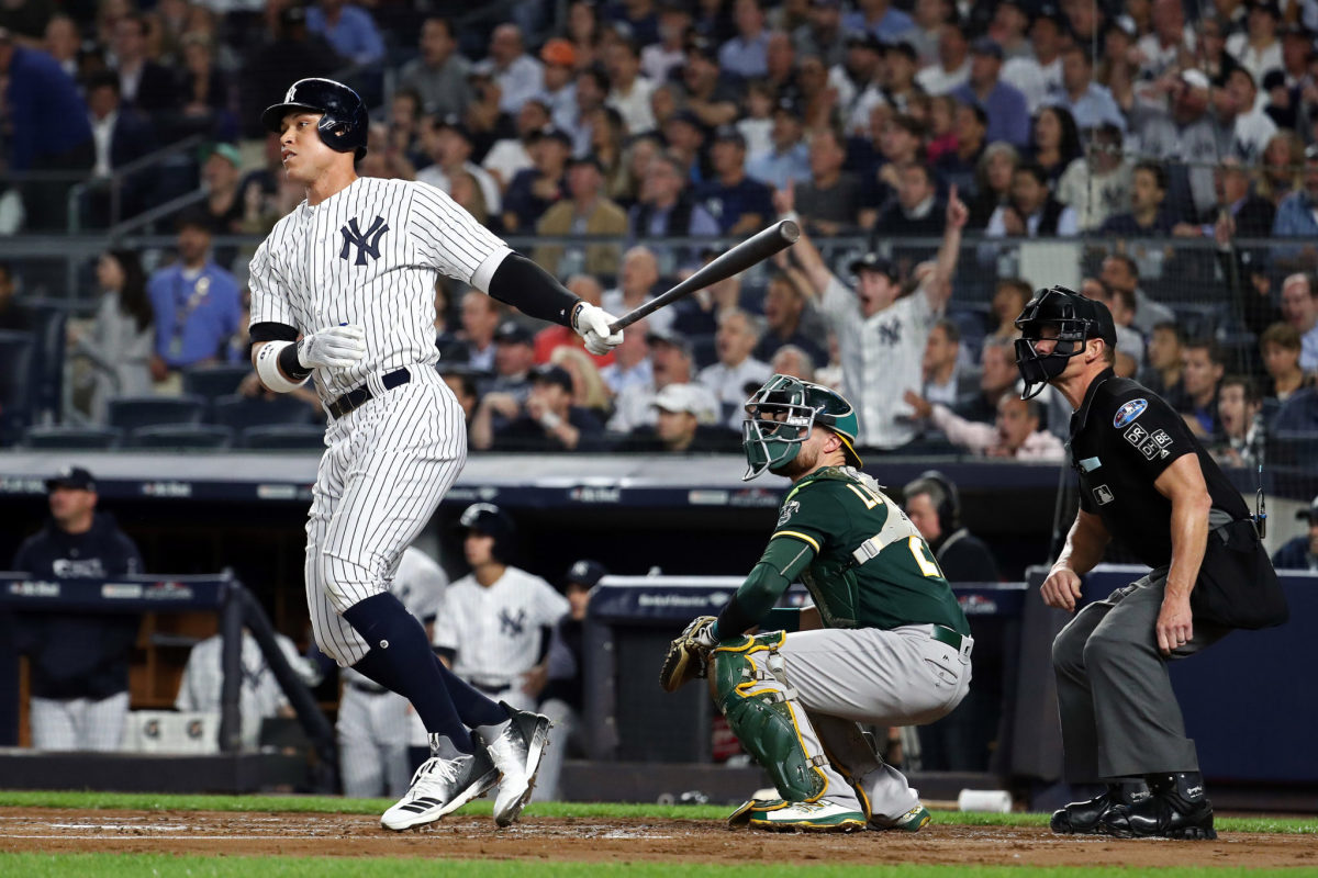 New York Yankees OF Aaron Judge swinging the baseball bat.