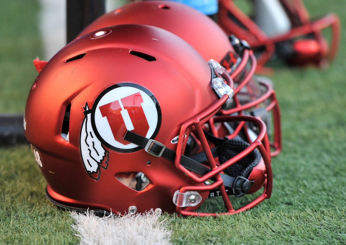 A closeup of a Utah Utes football helmet.