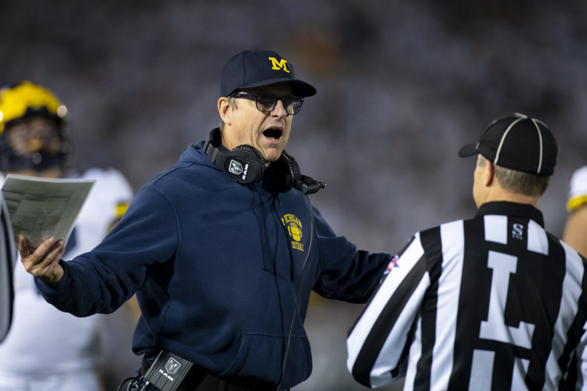 Michigan head coach Jim Harbaugh on the sideline against Penn State.
