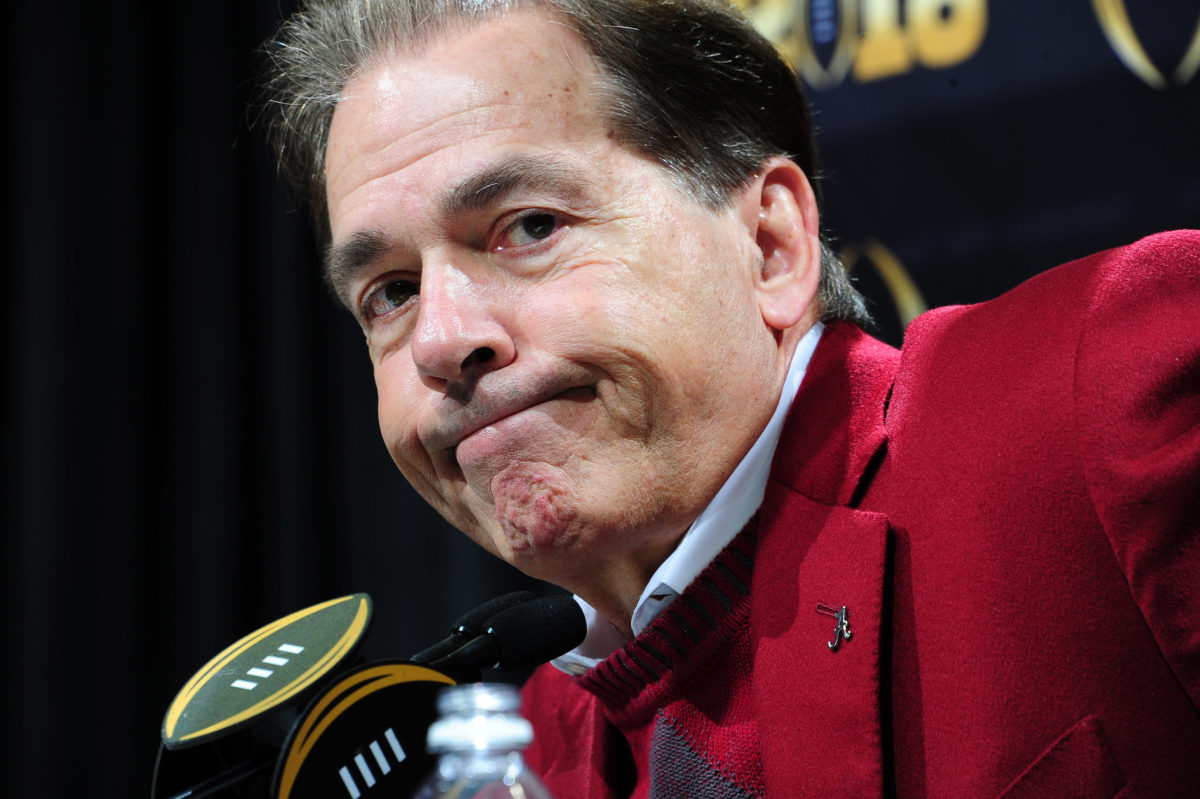 Head Coach Nick Saban of the Alabama Crimson Tide speaks to the media during the College Football Playoff National Championship Media Day.