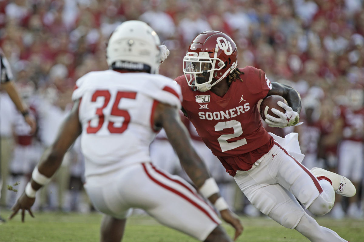Oklahoma wide receiver CeeDee Lamb catches a pass against South Dakota. Lamb is entering his rookie year for the Dallas Cowboys in 2020.