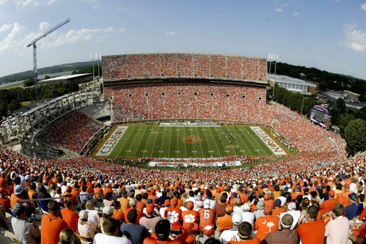 A view of Clemson's stadium during the day from high up.