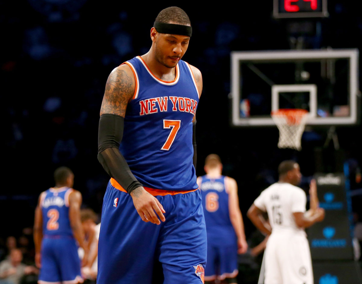 A closeup of Carmelo Anthony in a New York Knicks jersey.