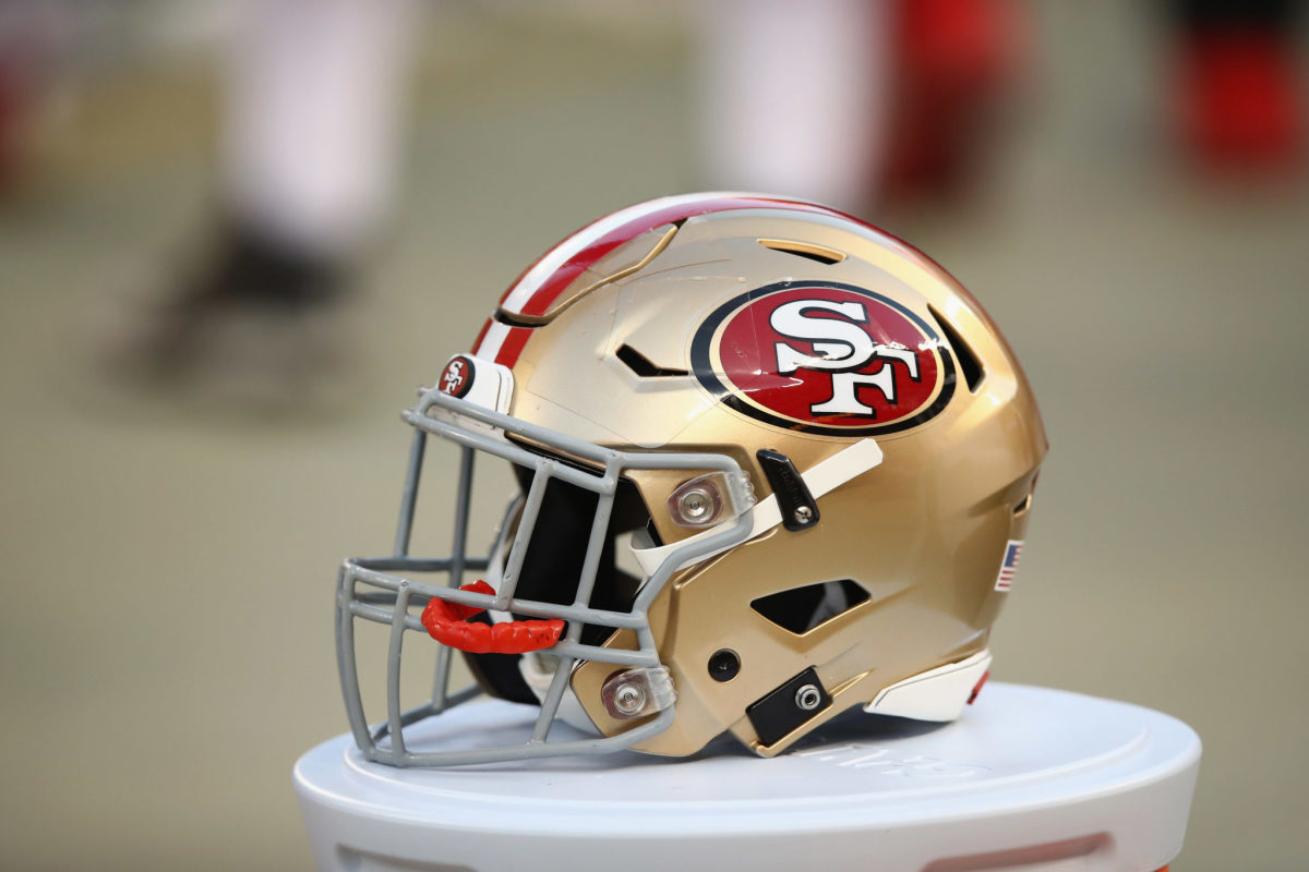 A closeup of a 49ers football helmet. Kyle Shanahan revealed his starter between Jimmy Garoppolo and Nick Mullens ahead of Week 3.