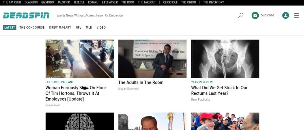 The top of Deadspin's front page after the staff was told to "Stick to Sports"