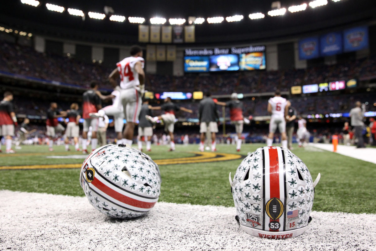 Two Ohio State football helmets