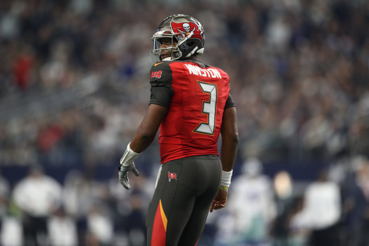A closeup of Jameis Winston during a Buccaneers game.