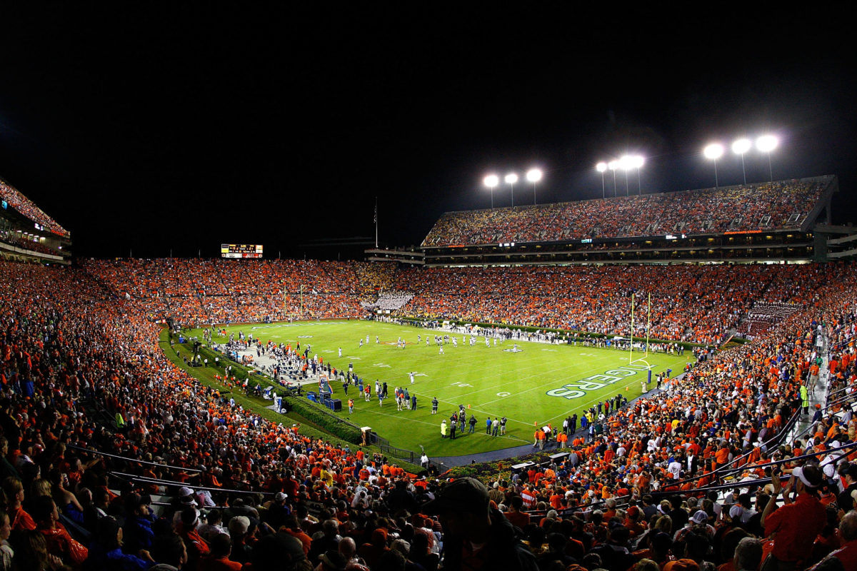 A general view of Jordan-Hare Stadium during the game between the Auburn Tigers and the West Virginia Mountaineers.
