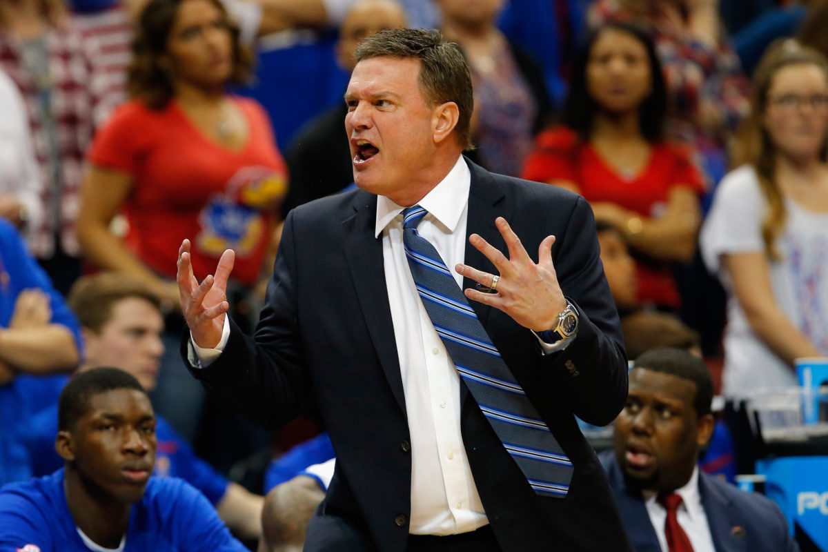 Kansas coach Bill Self looking furious on the sideline during a game.
