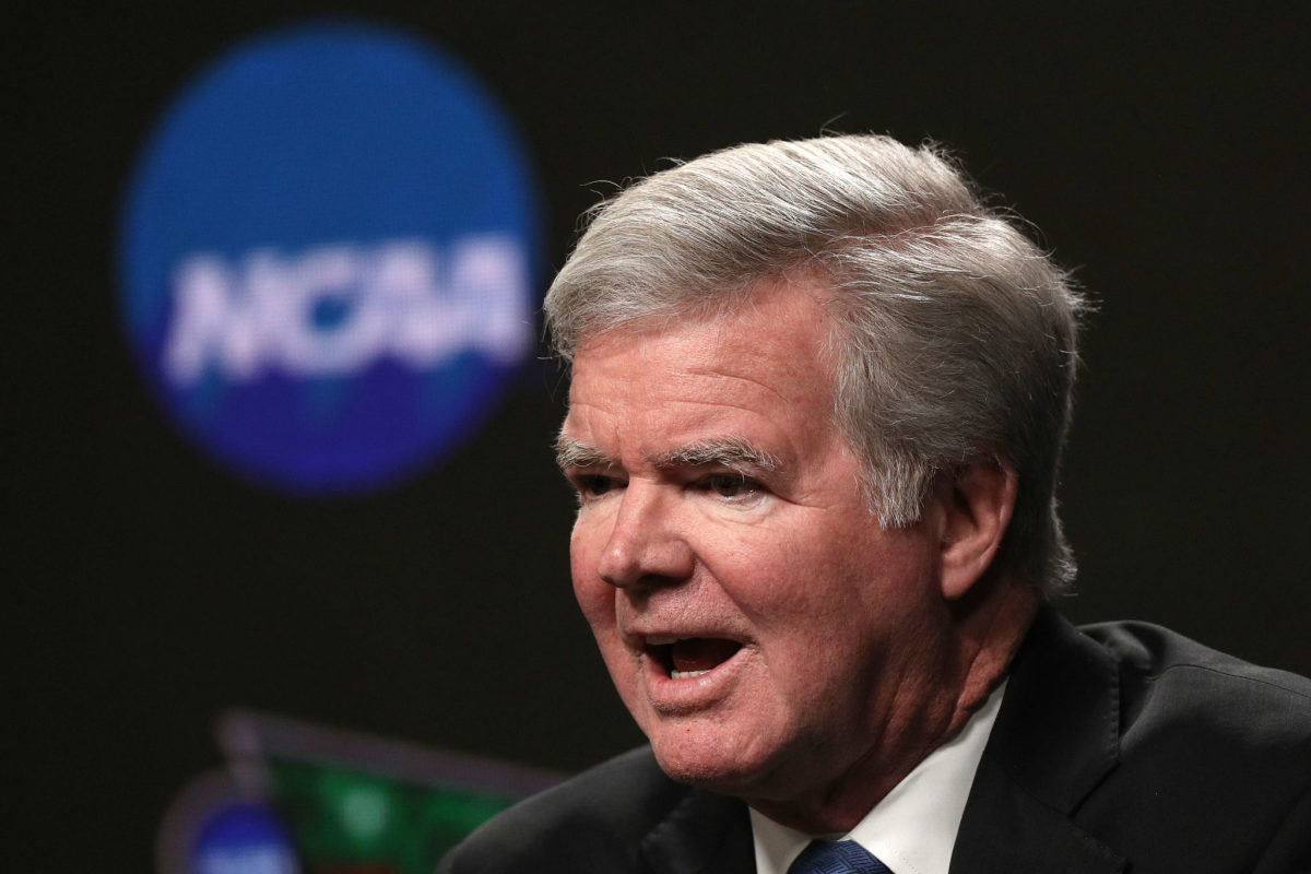 Mark Emmert, NCAA president, speaks before the Final Four. His organization oversees major college sports, including FBS college football and Division I college basketball.