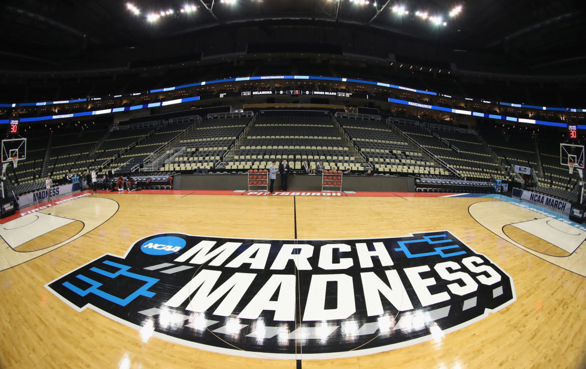 Center court of an NCAA Tournament basketball court.