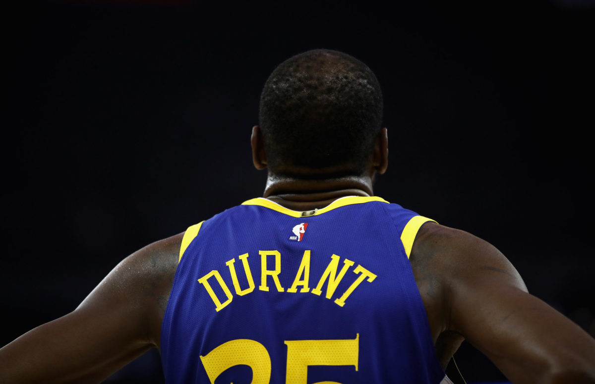 A closeup of the back of Kevin Durant's uniform during a game.