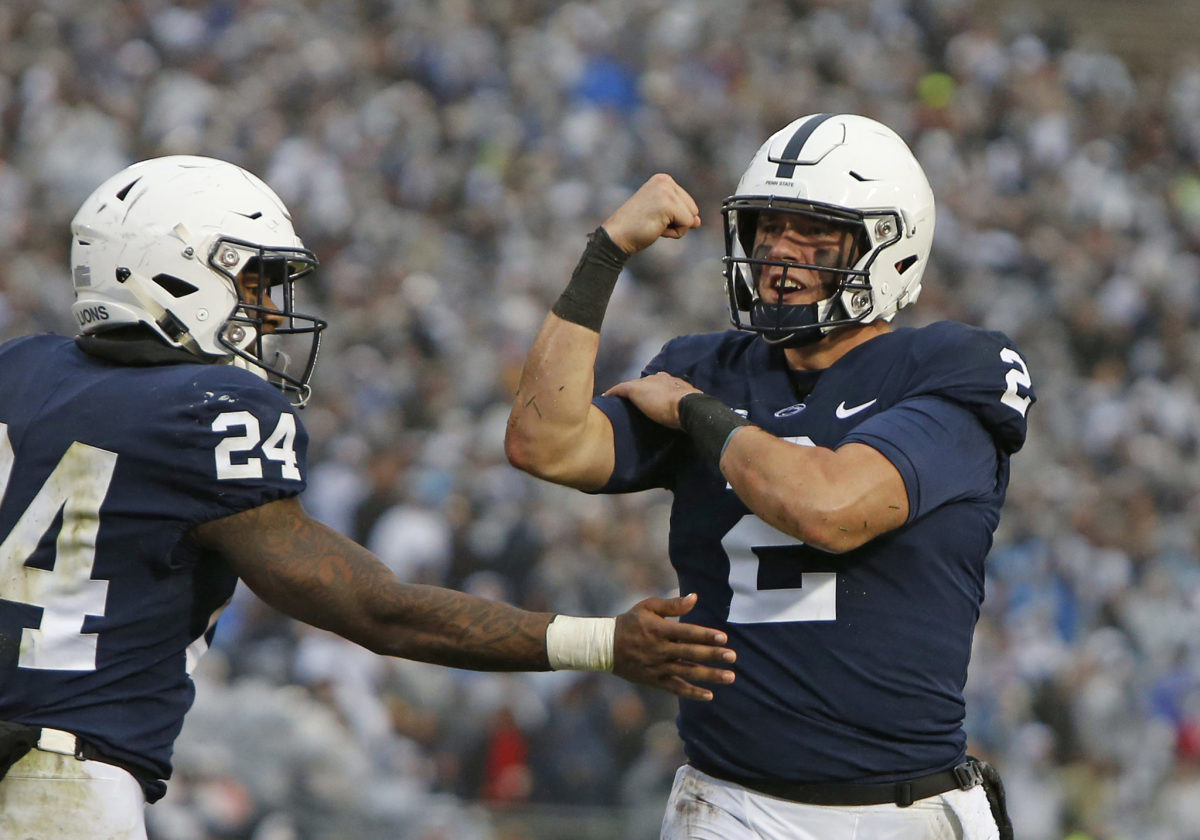 Tommy Stevens flexes after a play for Penn State vs. Iowa.