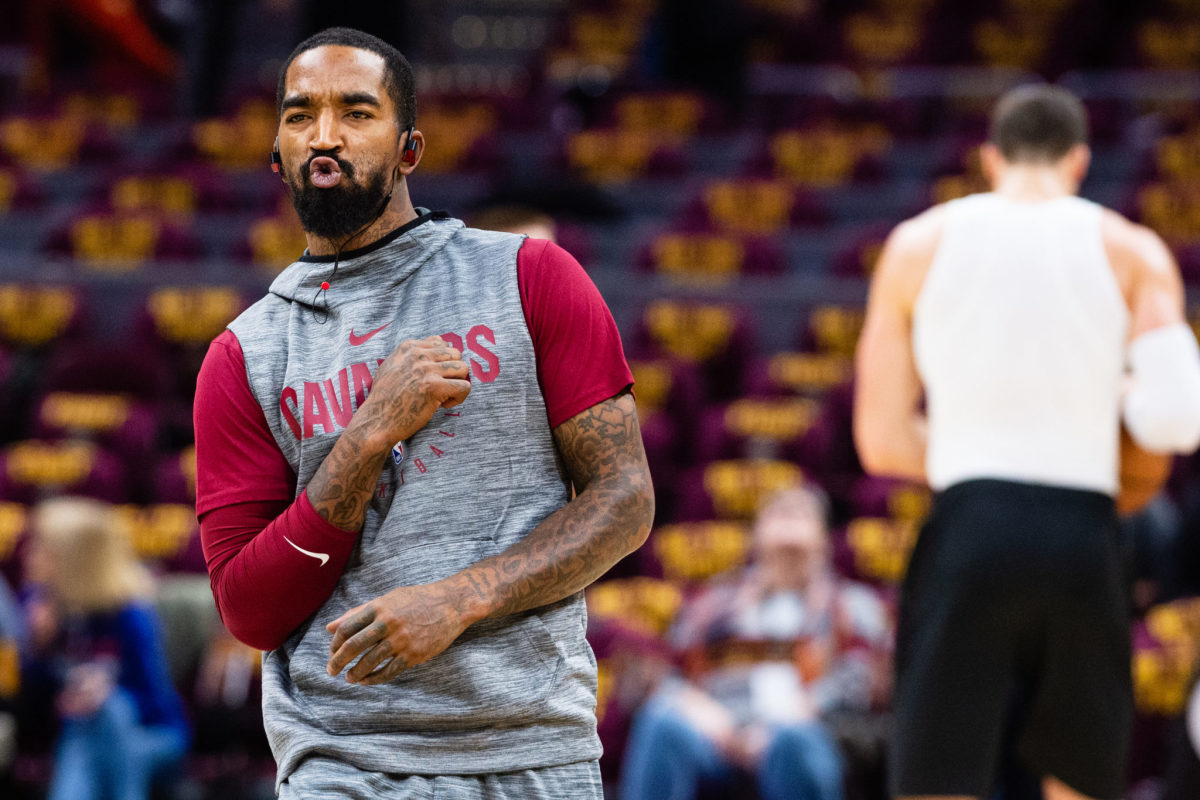 A closeup of J.R. Smith wearing headphones during warmups.