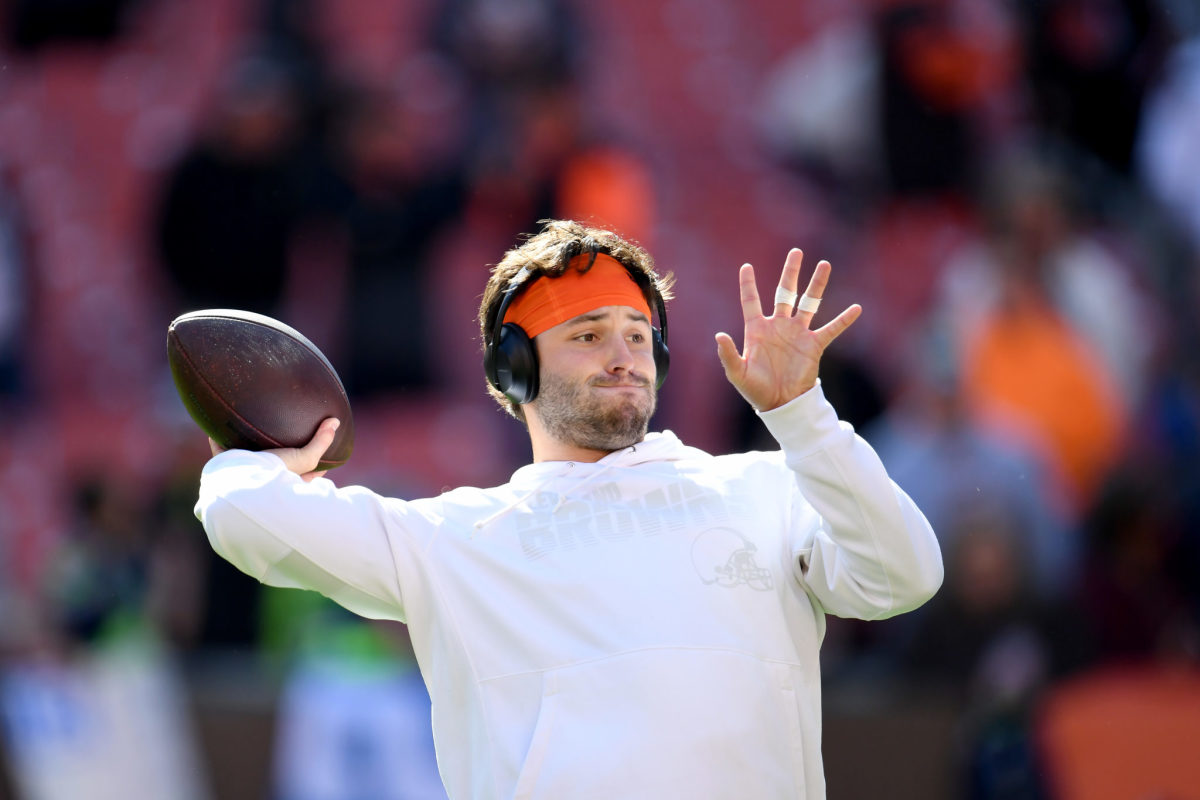 Cleveland Browns quarterback Baker Mayfield throws a pass in warmups vs. Seattle.